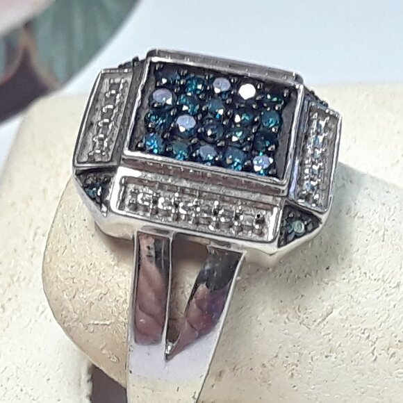 .29ctw Real Blue Diamond Retangal Modern Gnts/Lds Sterling Silver Ring #19899 - Picture 1 of 5